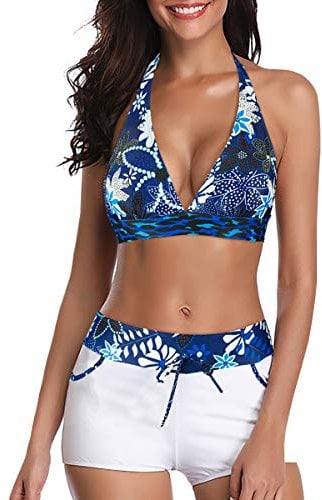 Bikini Set Damen Two Piece Swimsuit Zweiteiliger Badeanzug Bikini mit Hotpants mit Boyshort Träger Oberteil und Bikinihose