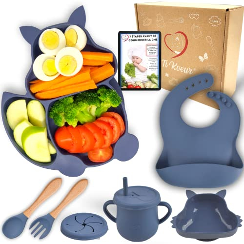 Ti Koeur Set Vaisselle Silicone Repas Bébé, 6 pcs assiette ventouse avec compartiment, bol ventouse pour bavoir, verre, cuillere bebe 1er age, fourchette, coffret naissance, Ebook DME