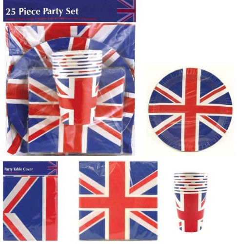 Union Jack King Charles Coronation British Royal Event 2023 Party Set| Bunting Banner, Paper Cups Plates Napkins, Table Cover, Car Window Flag, Party Blowers| Indoor/Outdoors (25 Pcs Party Set)