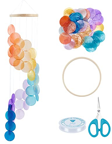 FREEBLOSS DIY Kapiz Muschel Windspiel Kit Natürliches Muschel Windspiel für draußen Regenbogen Muschel Windspiel für draußen für Patio Garten