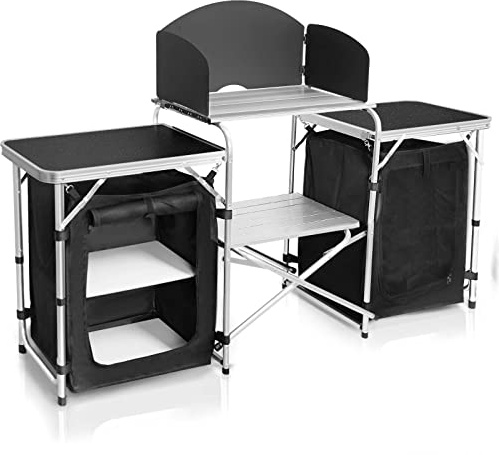 CampLand Folding Camping Kitchen Table with Windscreen,Portable Outdoor Cooking Station with Storage Cabinet & Side Tables Heavy Duty Camp Cook Station for Camping & BBQ (Black2cabinet)