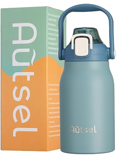 Autsel 1L Stainless Steel Water Bottle with Straw Metal Water Bottles Flask with Handle Double Walled Insulated Sports Water Bottle Leakproof for Gym Sports