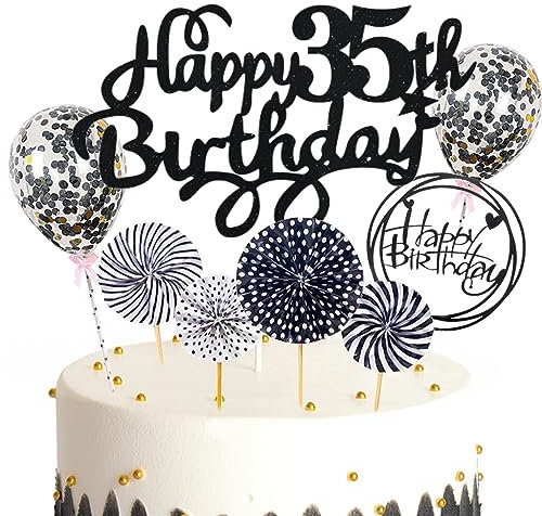 Feelairy Tortendeko Happy Birthday Deko Kuchendeko 35. Geburtstag Mann Frau, Schwarz Kuchen Topper 35. Geburtstag, Cake Topper Happy Birthday Ballon für Geburtstagstorte Deko 35 Jahre Frauen Männer