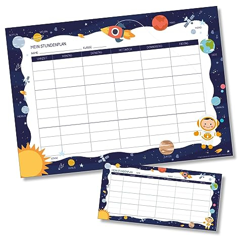 Stundenplan & Wochenplan | Stundenplan für Kinder in DIN A4 und Federmäppchengröße aus Papier | Set mit je 5 Stück | Schulplaner Wochenplaner | Geschenk Kinder Geburtstag Einschulung (Weltall)