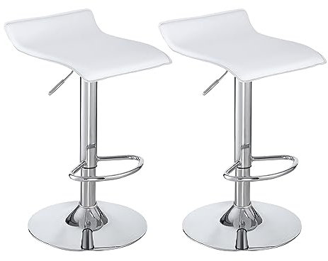 Lot de 2 Tabourets de Bar, Chaises Haut, Hauteur Réglable, Revêtement en PU, Rotatif sur 360°, avec Dossier et Repose-Pieds, Pied Chromé, 39 cm (L) x 40 cm (l) x 67-87 cm (H) (Blanc)