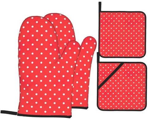 Set mit roten und weißen Punkten, außergewöhnliches Küchen-Backset, vielseitig, hitzebeständig, Matte und Handschuhe, Kombi-Set