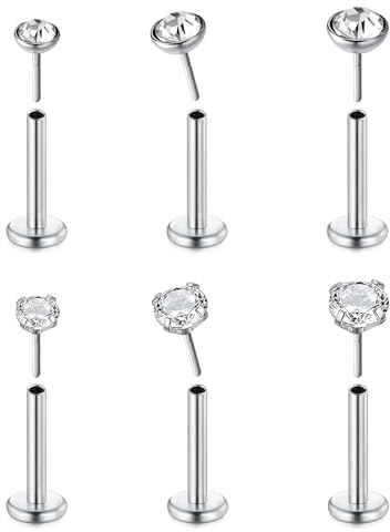 WillTen 6PCS Threadless Lip Piercing Silber, 20G Labret Piercing Chirurgenstahl mit Cubic Zirkonia/Kristall, Tragus Piercing Schmuck Kit für Frauen Mädchen