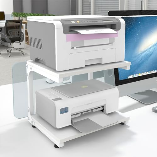PUNCIA 2 Niveaux Support d'Imprimante sur Bureau Meuble avec Rangement Organisateur de Bureau Étagère de Stockage sur Table pour Bureau Cuisine Maison et École(Blanc)