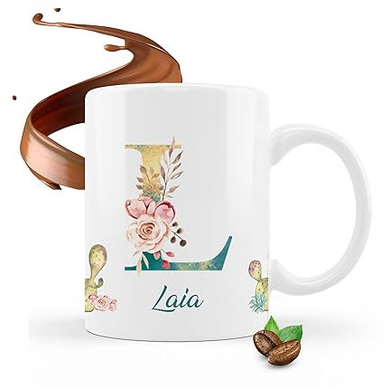taza de céramica personalizada con letra L, taza con inicial y nombre, regalos originales para ella, regalos de navidad personalizados, taza de te, cafe con leche, chocolate (L)