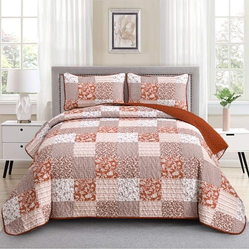 Bettwäsche-Set für King-Size-Betten, 3-teilig, Boho-Plaid, Terrakotta-Blumenmuster, Mikrofaser, leicht, Bohemian-Bettwäsche, Tagesdecke, Decken-Set für alle Jahreszeiten (1 Steppdecke + 2