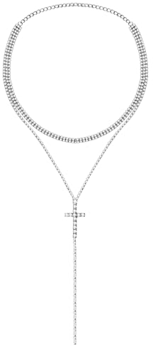 JewelryWe Kreuz Choker Halskette Damen: Silber Y-förmige Multi Reihen Strass Lange Kette mit Kreuz Anhänger Geschichtete Halsband für Frauen Mädchen