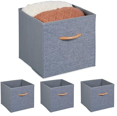 Relaxdays Aufbewahrungsbox 4er Set, Ordnungsbox Stoff, 24 L, Faltbarer Regalkorb, mit Griff, HBT 28,5 x 30 x 30 cm, grau