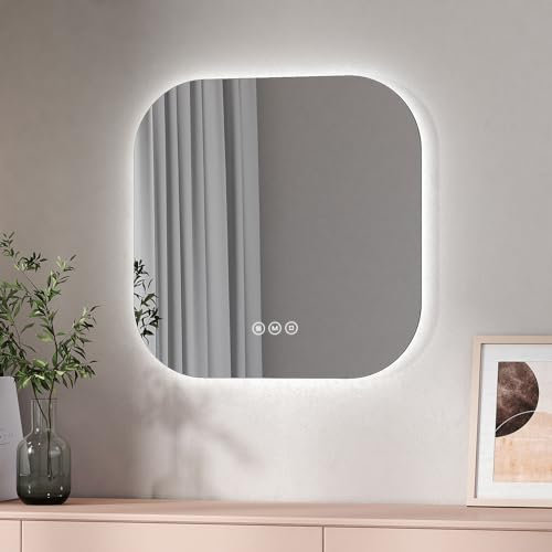 EMKE Led Bathroom Mirror - 600x600mm Frameless Wall Mounted Mirror with Lights, Touch, Anti-Fog, Dimmable & 3 Colors, Memory Function for Living Room, Dressing Room