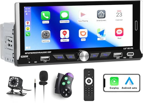 CAMECHO 1din Autoradio Carplay mit 6.9 Bildschirm CarPlay Android Auto, 1 Din Touch Display mit Bluetooth Freisprecheinrichtung USB EQ FM/RDS Mirror Link SWC+MIC+Rückfahrkamera