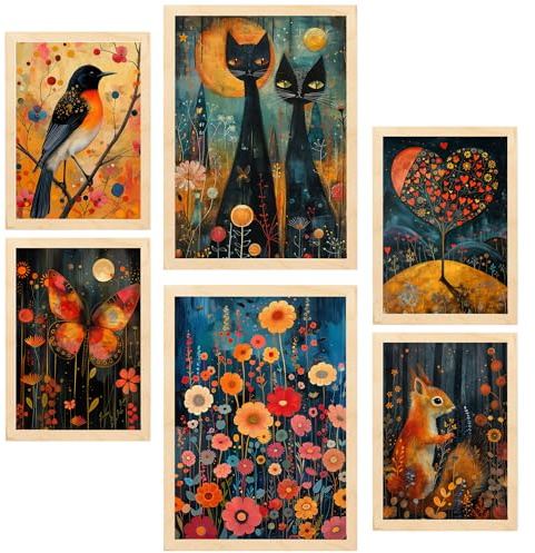 Nacnic-Set mit 6 Dekorative Malerei Tiere und Natur, inspiriert von Rosina Wachtmeister Gerahmtes Poster mit Design-Illustrationen zur Dekoration der Wände A3 & A4 Leichter Holzrahmen