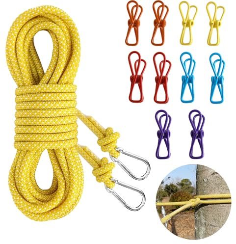 Wäscheleine Extra Stark, 15m Nylon Wäscheleine 8mm Wäscheleine Camping Rostfest Rutschfeste Wäscheleine mit 10 Bunte Clips, Dicke Wäscheleine Reise Wäscheleine mit Karabiner für Draußen Garden Camping