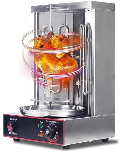 Parrilla vertical eléctrica de acero inoxidable con ajuste de 300 ℃, horno giratorio de 360°, asador giroscópico con bandeja de recogida de aceite