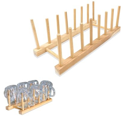 Wooden Plate Rack for Kitchen, 7 Slots Bamboo Dish Drainer Rack, Saucepan Lid Holder, Tray Dish Rack Stand Drainers, Storage Rack for Kitchen Cupboards Study for Cups, Book, Pot Lid, Chopping Board