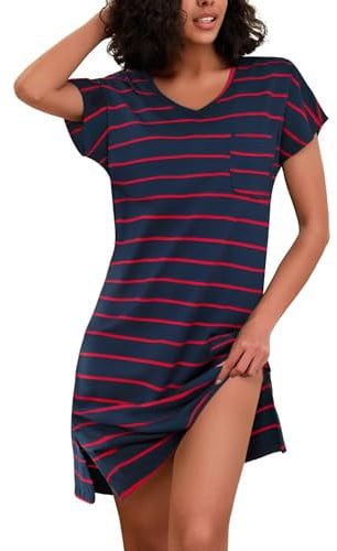 Jahetuul Nachthemd Damen Kurzarm gestreift Nachthemden Baumwolle Sommer locker Schlafshirt Mädchen Nachthemd Flügelärmel Nachtwäsche mit Brusttasche