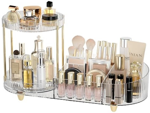 Lulltou Drehbarer Make-up-Organizer mit Parfümtablett für Schminktisch, 2-in-1-Kosmetik-Organizer und Aufbewahrungshalter, großer Schreibtisch-Make-up- und Hautpflege-Organizer für Theke, Badezimmer,