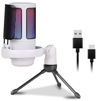 BRAVECOW Gaming USB Microphone with RGB Lighting | Studio-Quality Noise-Canceling Condenser Mic, Plug & Play Perfect for PC Laptop Streaming, Podcasting & Gaming (White)
