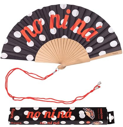Fisura – Abanico original de lunares con mensaje“no ni ná”. Abanico de madera moderno y colorido. Ventilador de mano blanco y negro. Colgador incluido. Medidas: 42,5 x 23 cm