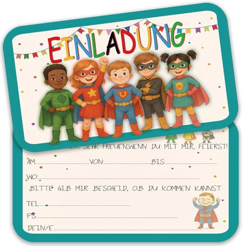 12 Superhelden Einladungskarten Kindergeburtstag für Jungs und Mädchen, Geburtstagseinladungen für Kinder inkl. 12 Briefumschläge, Geburtstagseinladungen, Party deko, Einladung Einschulung (D)
