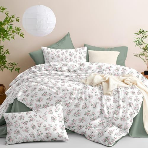 Freyamy Housse de Couette Fleurie 240x260+2 Taie d'oreiller 65x65cm Blanc Rose Vert Feuilles Floral Parure de lit 2 Personnes Adulte Sets de Housse Couette en Microfibre avec Fermeture Éclair