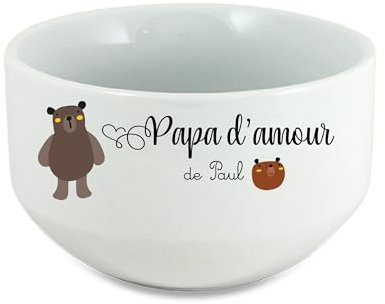 Bol Céramique 600ml Papa d’amour de [Prénom(s)] – Cadeau Fête des Pères Personnalisé – Bol Petit-Déjeuner avec Ours Mignon – Papa Tendre & Câlin