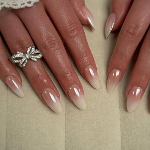 24Pcs Nude Gradient Press on Nails – Glossy Almond Fake Nails – Long Lasting Stick on for Women Natural Look Reusable False for Daily Wear & Special Occasions