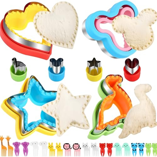Sandwich Cutters and Sealers Set for Kids, 28PCS DIY Decruster Sandwich Crimpers and Vegetable Fruit Cutters, Cute Dinosaur Star Heart Bear Shapes & Animal Forks for Bento Lunch or Kids Party Supplies