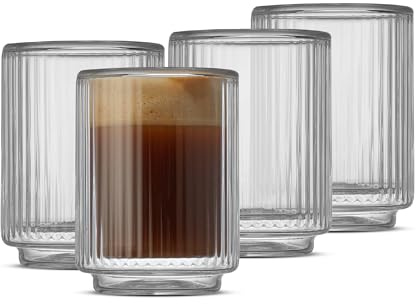 JoyJolt Haven Fluted Stackable Espresso Cups Set of 4, 2.5oz Ribbed Double Wall Glasses, Stacking Insulated Coffee Cup Set, Small Glass Coffee Cups for Espresso Machine Accessories