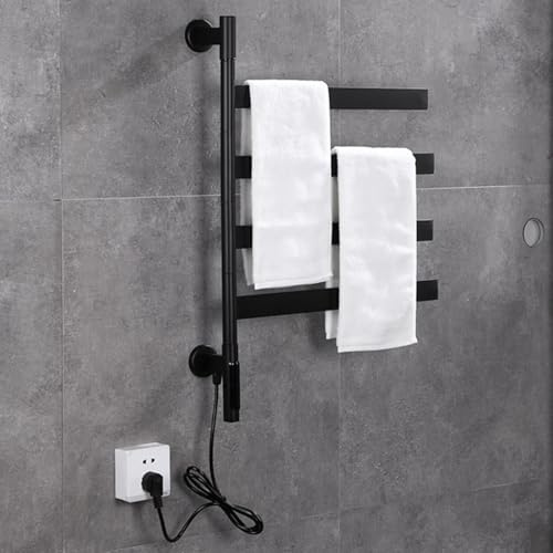 Toalleros Eléctrico de Baño Giratorio 180° 70 x 50 cm, Calentador de Toallas Giratorio de Acero Inoxidable, Radiador de Toallas Eléctrico, 4 Barras con Temporizador Incorporado, Bajo Consumo-Black