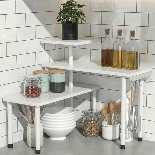 SOONHUA Küchen Eckregal Gewürzregal Arbeitsplatte 3 Etagen | Platzsparendes Küchenregal mit 3 Ebenen und 4 Haken, flexibel ausrichtbar für Gewürze, Küchenutensilien und Kaffeezubehör