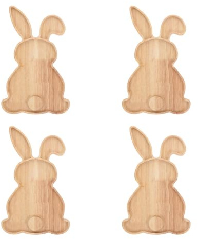 Hemobllo 4 Stück Osterteller Holz Set - Hasenform Serviertablett & Osterschale für Snacks, Obst & Käse - Dekoratives Holztablett Ostergeschirr für Tischdeko, Osterdeko & Frühlingsfest
