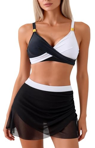 EOAMGO Women's Bikini Set, Two Piece Bikini Swimsuit Set with Twist Front V Neck Design, Adjustable Straps and Padded Support (UK, Alpha, XL, Regular, Regular, Black and White)