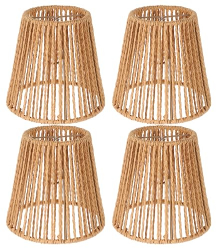 ANDRESLAD Lot de 4 Abat-Jour Tressés en Corde de Papier Imitation Rotin Marron Clipsables pour Ampoules E27 et E14 Abat-Jour Ovale Bohème Décoration Lumineuse pour Lustres et