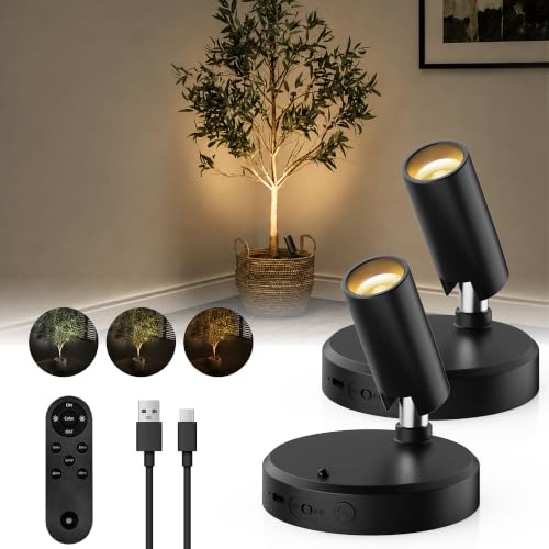 EZVALO 5500mAh Rechargeable Spot Lights Indoor, Wireless LED Spotlight | Plant, Picture, Art & Display Lighting, Battery Operated, Stick-On, Remote & Timer, Dimmable, 3 CCT, Uplighting Effect, Black