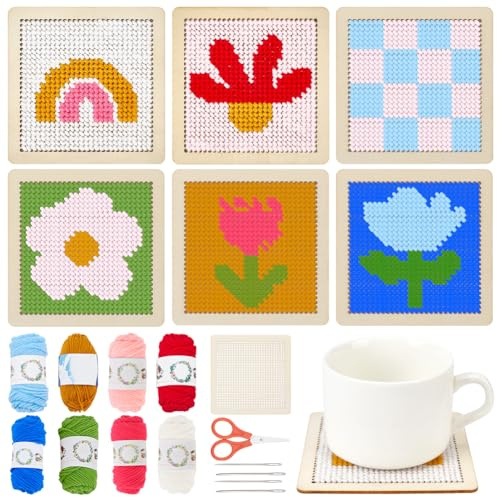 INFUNLY 6 Set Boho Wooden Coaster Needlepoint Kit 3.9x3.9 Rainbow Art Work Embroidery Kit Embroidery Needle Coasters Crafts Adult Mug Rug Making Kit for Beginners Mushroom Mug Rug Making Kit