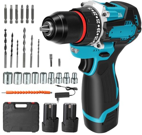 Taladro Atornillador Batería,16.8V Taladro Atornillador Inalámbrico, LED Luz, 55Nm Atornillador, 25+1 Ajuste Par,2 Velocidad,29 Accesorios Cordless Drill para en casa y jardín,bricol (blue)
