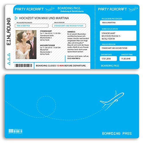 (100 x) Hochzeitseinladungskarten Flugticket Boarding Pass blau Einladungskarten Hochzeit