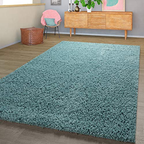 Moderner Hochflor Teppich Shaggy Einfarbig Dicht Gewebt Qualität Pastell Türkis, Größe:140x200 cm