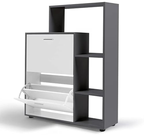 IDMarket KLARK - Zapatero de 12 pares color gris 2 puertas blancas con estante