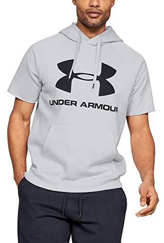 Under Armour Men Rival Fleece Logo Shortsleeve Hoodie Warm-Up Top - Halo Gray//Black (014), Medium