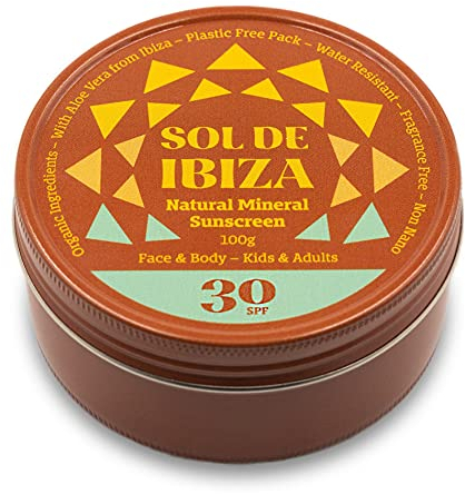 Sol De Ibiza Mineralischer Sonnenschutz SPF30 - Plastikfrei - Gesicht & Körper - Natürliche Zutaten - Nicht Nano-Zinkoxid - Vegan - Wasserfest - Erwachsene & Kinder - 100 g - NEUE CREMIGE TEXTURE.