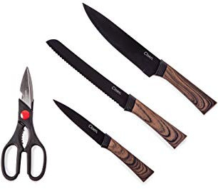 CLOEN Ensemble de couteaux | Set de 4 couteaux noir mat | Acier inoxydable Cuisiniers professionnels et amateurs | Couteau Chef, Panero, Trincher, et ciseaux polyvalents avec décapsuleur Leo.