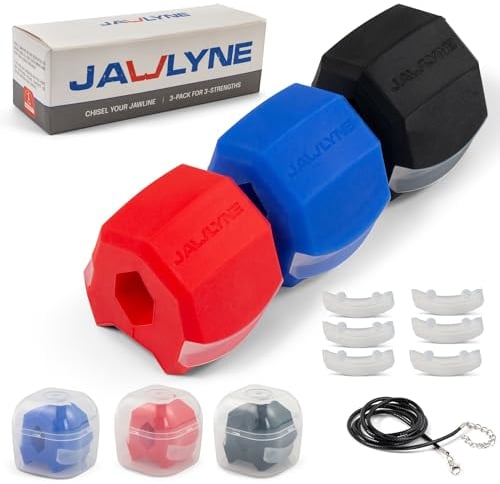 Jawlyne - Jaw Exerciser 3 Pack with 3 Strengths Jawline Toner Exerciser for Men and Women - With Necklace and Storage Containers