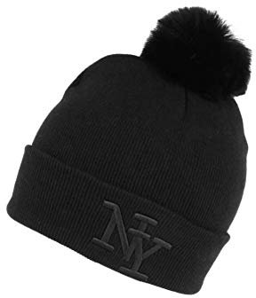 Hip Hop Honour Mütze mit Bommel aus Pelz NY schwarz aus Wolle, trendiger Katzen-Look – Unisex Gr. Einheitsgröße, Schwarz