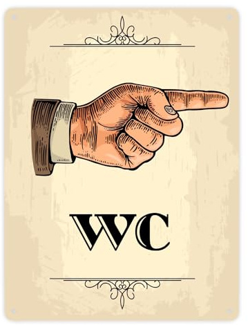 Vintage WC Richtungs Schild mit Hand nach rechts in beige Metallschild XXL