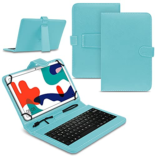 Tablet Hülle kompatibel für Huawei MatePad T10 / T10s Tasche Tastatur Keyboard QWERTZ Schutzhülle Cover Standfunktion USB Schutz Case, Farben:Türkis